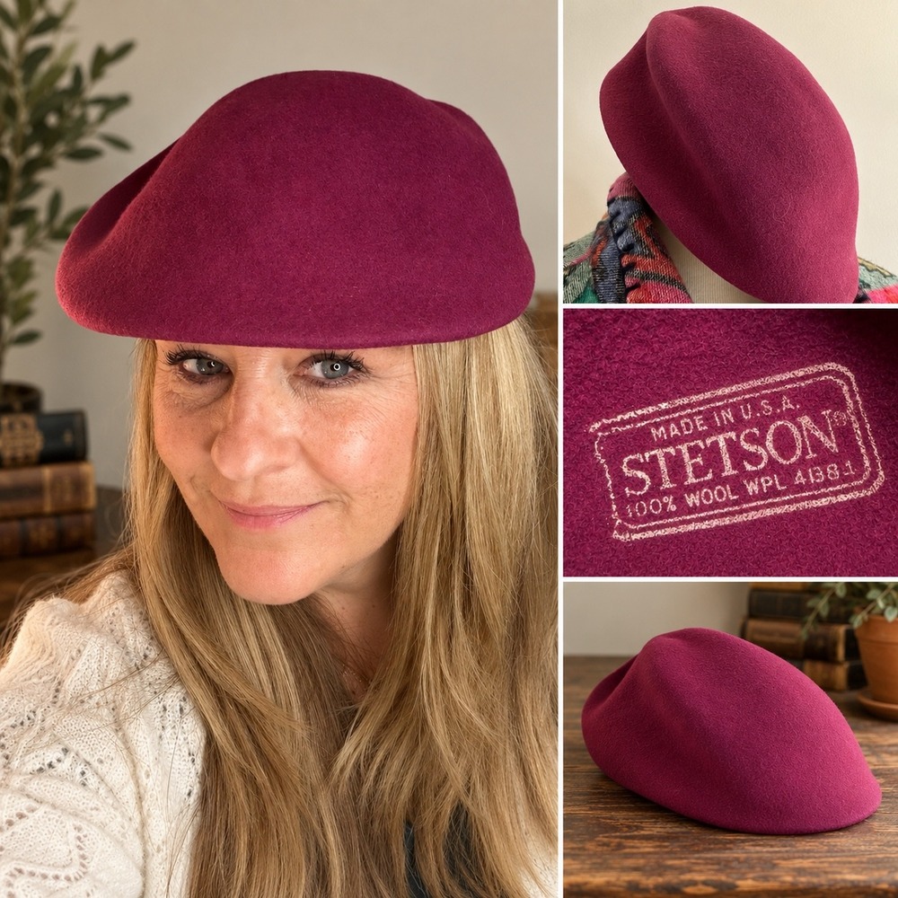 Henry Grethel Stetson Burgundy Plum 100% Wool Beret Hat Made in USA Vintage